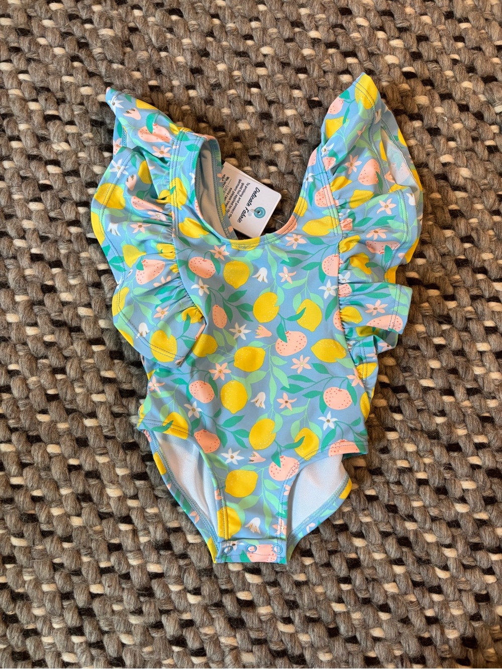 Snapper Rock Aqua One-Piece Swimsuit with Yellow Lemons & Pink Fruit Print